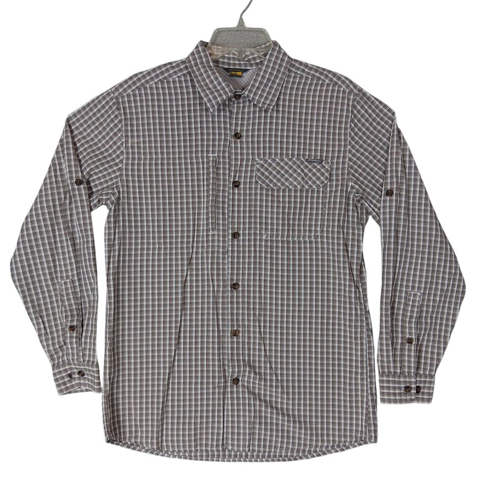 Eddie Bower Plaid Button Down Shirt Brown Tan Long Sleeve Size Medium Men's